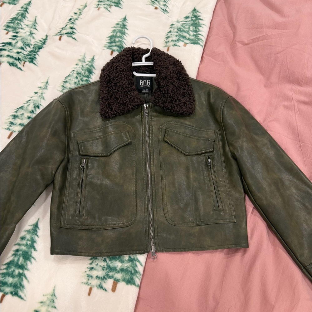 BDG Olive Green Leather Jacket with Brown Fur Collar